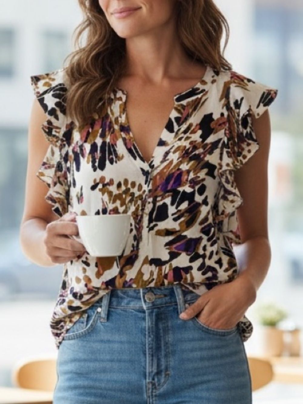 Tibi Silk Abstract Flutter Sleeve Top Sz. 0